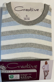 Creative dames badstof pyjama zacht blauw streep (40/42 en 44/46)