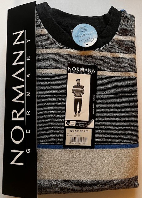 Normann heren badstof pyjama grijs smal/aqua streep (48/50/54/56)