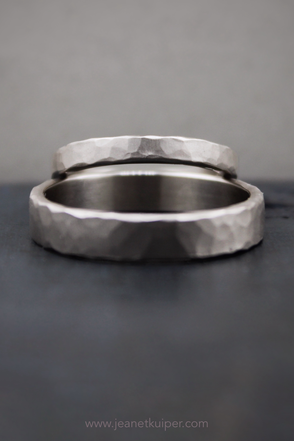 wedding rings in hammered white gold