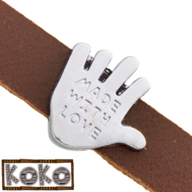 Leerschuiver  Koko Hand 'made with love'voor 10mm antiekzilver metaal FG553