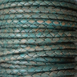 DQ Leer rond gevlochten 3mm vintage turquoise