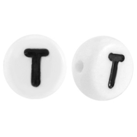 Letterkraal "T" acryl plat rond 7mm wit-zwart