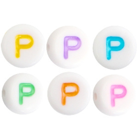 Letterkraal "P" acryl plat rond 7mm multicolor-wit