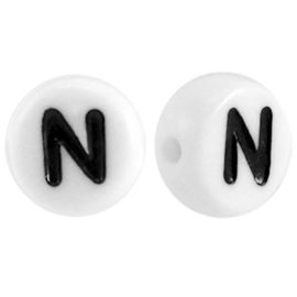 Letterkraal "N" acryl plat rond 7mm wit-zwart