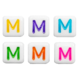 Letterkraal "M" acryl vierkant 6x6mm multicolor-wit