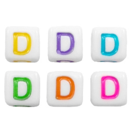 Letterkraal "D" acryl vierkant 6x6mm multicolor-wit