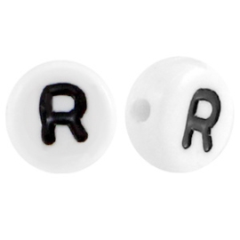 Letterkraal "R" acryl plat rond 7mm wit-zwart