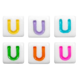 Letterkraal "U" acryl vierkant 6x6mm multicolor-wit