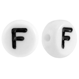 Letterkraal "F" acryl plat rond 7mm wit-zwart