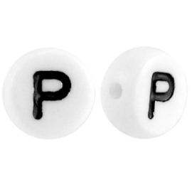 Letterkraal "P" acryl plat rond 7mm wit-zwart