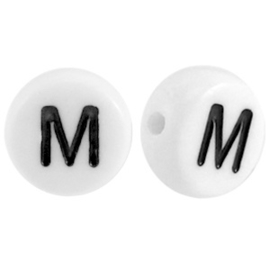 Letterkraal "M" acryl plat rond 7mm wit-zwart