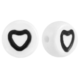 Letterkraal "open hartje" acryl plat rond 7mm wit-zwart 5 stuks