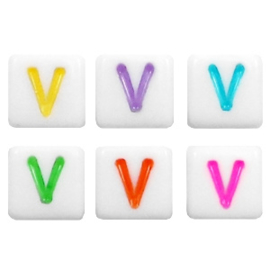 Letterkraal "V" acryl vierkant 6x6mm multicolor-wit