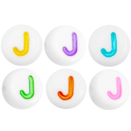 Letterkraal "J" acryl plat rond 7mm multicolor-wit