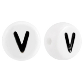 Letterkraal "V" acryl plat rond 7mm wit-zwart