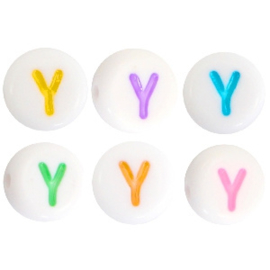 Letterkraal "Y" acryl plat rond 7mm multicolor-wit