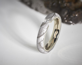 Meteorite ring with diamond and white gold