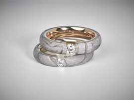 Meteorite ring with diamond and white gold