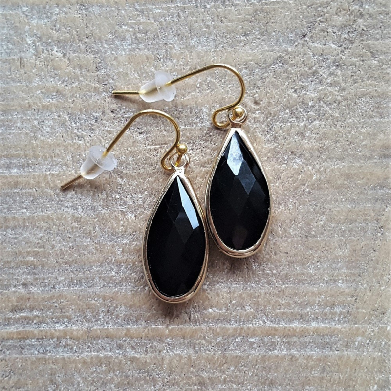 Black Crystal Facetted Long Drops Gold  [8349]