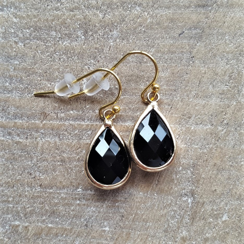 Black Facetted Crystal Drops Gold  [8341]