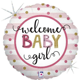 Folieballon ’Welcome baby girl’ holo glitter (Ø45cm)