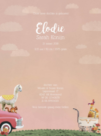 Geboortekaartje Elodie | dieren in  roze pick-up liggend