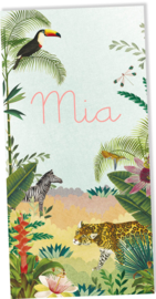 Geboortekaartje Mia, jungle met dieren en planten  langwerpig