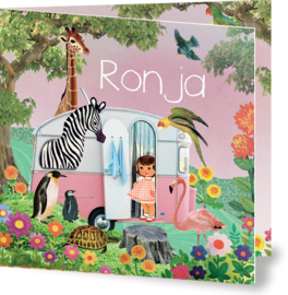 Geboortekaartje Ronja | retro roze caravan dieren