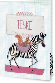 Geboortekaartje Teske | zebra met eekhoorn meisje