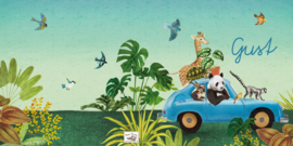 Geboortekaartje Gust, blauwe auto met dieren in jungle