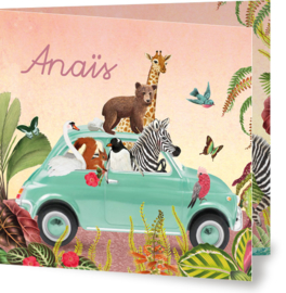Geboortekaartje Anaïs, mint auto met dieren in jungle