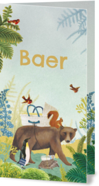 Geboortekaartje Baer | Beer met wiegje en dieren in landschap