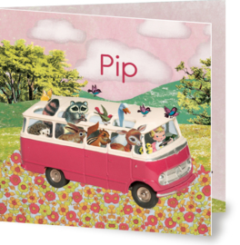 Geboortekaartje Pip | roze busje met dieren