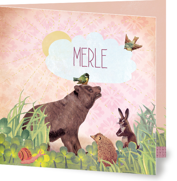 Geboortekaartje Merle | beer egel konijn meisje