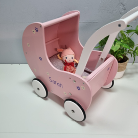 Roze Poppenwagen met kap | poppenwagen met naam en figuurtjes