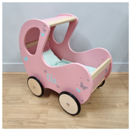 Retro Roze poppenwagen met naam  en figuurtjes