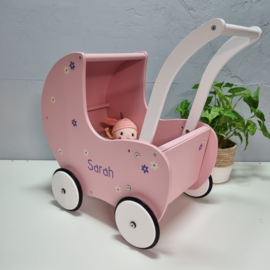 Roze Poppenwagen met kap | poppenwagen met naam en figuurtjes