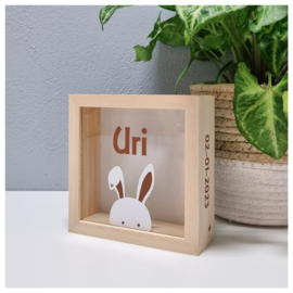 Houten Spaarpot met Naam en Konijntje | Peek A Boo Bunny