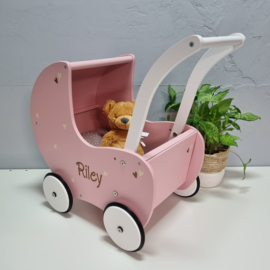 Roze Poppenwagen met kap | poppenwagen met naam en figuurtjes