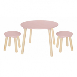 Roze houten tafel met twee krukjes | Set krukjes en tafeltje