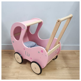 Retro Roze poppenwagen met naam  en figuurtjes