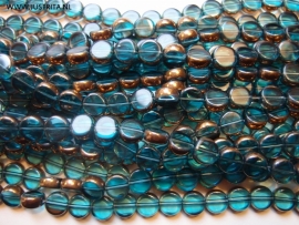 Glaskraal turquoise koperplate plat rond 10mm / per streng