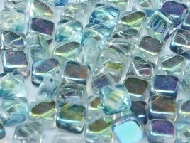 Silky Beads 2-hole 6 x 6 mm Crystal Blue Rainbow (per 14)