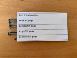 Set 1 | 10 verschillende naalden:  3x fijn 40 gauge | 3x middel 36 gauge | 3 x grof 32 gauge | 1 x twisted 38 gauge
