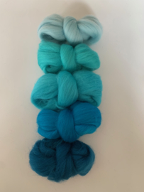 Merinowol kleur set: Turquoise 5 x  ongeveer 10 gram merinowol 20-21 micron Kleur nrs. 114-118-132-150-161