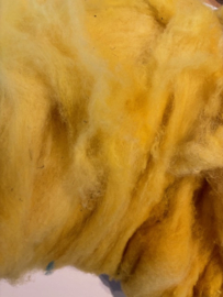 Zelf geverfde wensleydale wol in vlies, nummer 10 geel tinten, per 50 gram