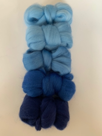 Merinowol kleur set: Blauw 5 x  ongeveer 10 gram merinowol 20-21 micron Kleur nrs.100-101-111-131-163
