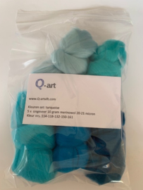 Merinowol kleur set: Turquoise 5 x  ongeveer 10 gram merinowol 20-21 micron Kleur nrs. 114-118-132-150-161