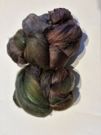 Shawl pakket margilan nummer 12 groen aubergine 2,5 meter zelfgeverfde wol met 50% zijde, 250x 45 cm margilan zijde