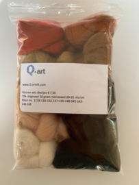 Merinowol kleur set: Diertjes 10x  ongeveer 10 gram merinowol 20-21 micron Kleur nrs. 1118-116-117-135-140-141-142-143-168-527
